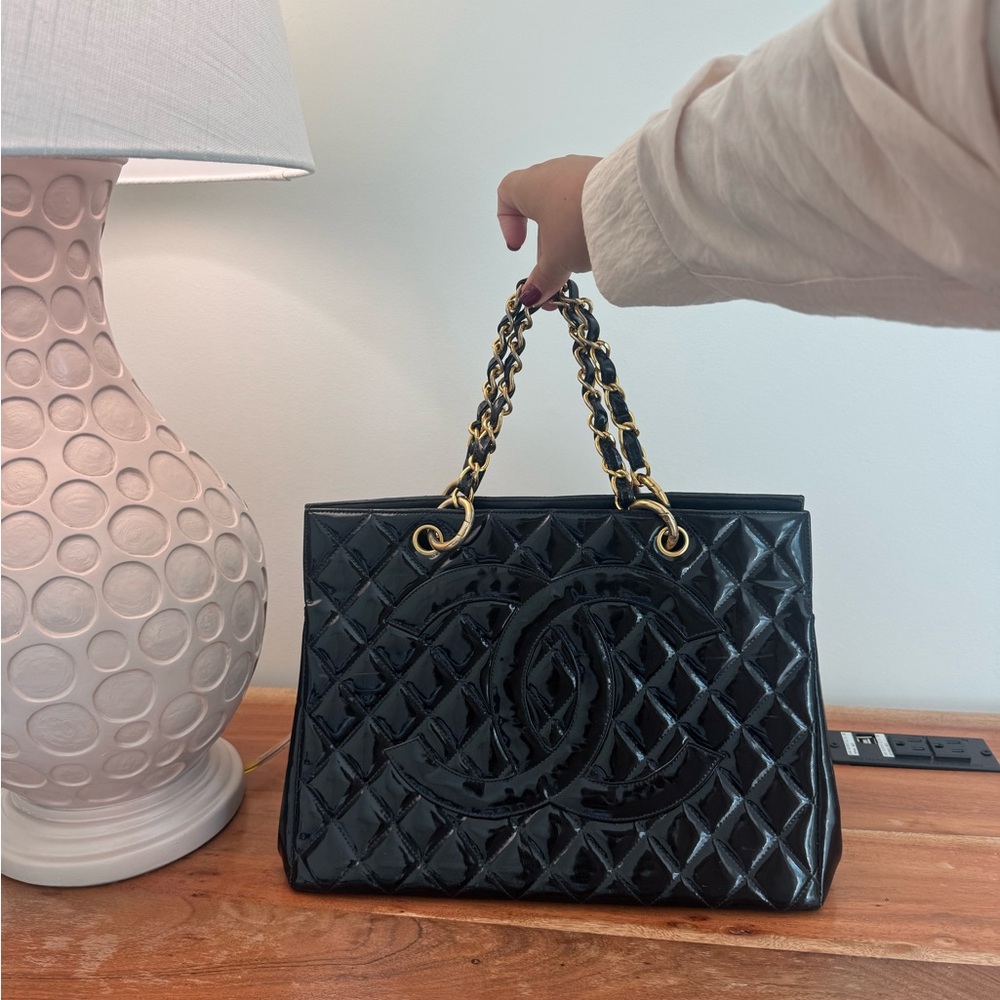 authentic Chanel Quilted Patent Leather Tote with Medallion Zip Pull